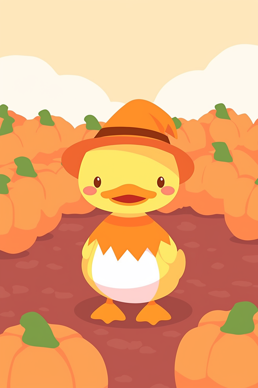 halloween cute animals drawings 2, a charming illustrated duckling dressed as a candy corn amid a pumpkin patch.